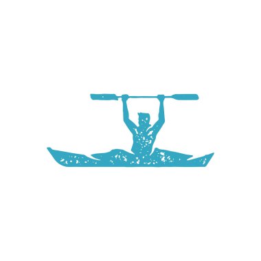 Su nehrinde yüzen erkek sporcu elinde kürekle kayak yaparken hobi olarak grunge doku çizimi yapıyor. Rafting, kano, kano, kürek, deniz gezisi.