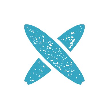 İki çapraz sörf tahtası vintage el çizilmiş minimalist logotype grunge doku çizimi. Tek renkli logo yaz mevsimlik ekstrem spor aktiviteleri sahil tatili izole edilmiş.