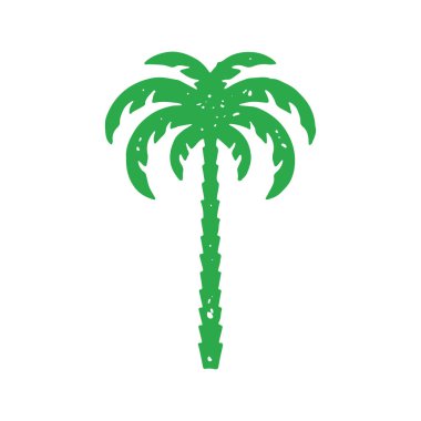 Yeşil düz doğal palmiye ağacı, bereketli yaprak desenli logo tasarımı grunge doku vektör çizimi. Minimalist el çizimi tropikal hindistan cevizi bitkisi yaz tatilinin geleneksel sembolü