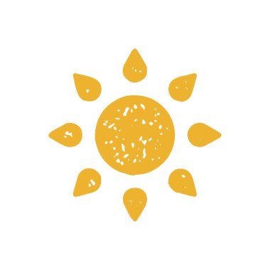 Parlayan kirişlerle çevrili parlak sarı güneş yuvarlak gökyüzü sembolü dekoratif tasarım grunge desen vektör çizimi. Yaz güneşli logotip tropikal iklim sıcak hava veya tatil tatili