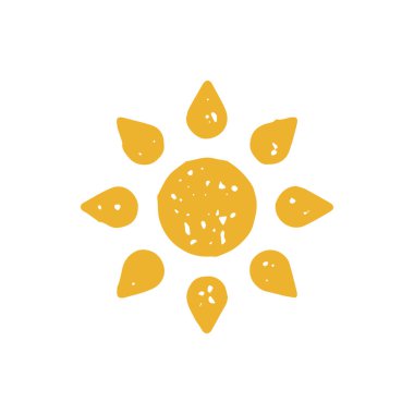 Parlayan doğal ışınlar ile güzel yaz güneşi gökyüzünü çevreleyen ısı hava sıcaklığı sarı grunge doku çizimi. Işınlar ile çevrili parlak doğal güneşli şekil yolculuk seyahati izole