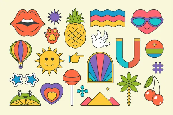 Koleksiyon çerçeveli hipster çıkartmaları pop sanat modası moda dekoratif tasarım vektör çizimi çizimleri. Tişört desenli dudaklar, gökkuşağı, güneş gözlükleri, sıcak hava balonu, güvercin, palmiye ağacı, piramit