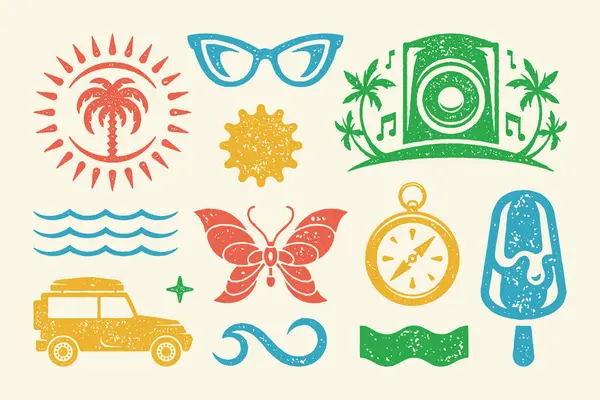 Yaz sembolleri ve nesneler vektör illüstrasyonunu ayarlar. Güneşli tropik palmiye ağacı ve yolculuk için jip. Kelebeği pusula ve dondurmayla aç. Dalgalı ve yıldız sembollü güneş gözlükleri. Vektör