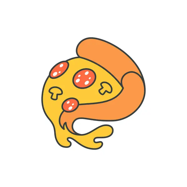 Curved Pizza Piece Melting Cheese Sausage Mushrooms Groovy Pop Art Vectorbeelden