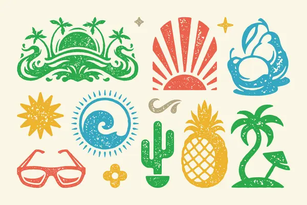 Summer Symbols Objects Set Vector Illustration Bright Symbol Rising Sun Rechtenvrije Stockvectors