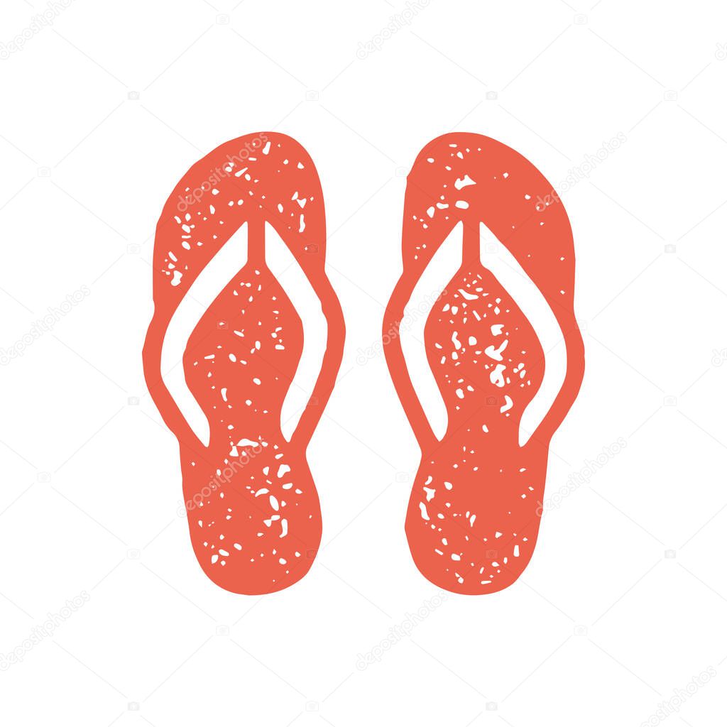 Top view hand drawn minimalist slippers summer resort travel vacation symbol red grunge texture vector illustration. Monochrome flip flop sandal shoes for warm climate wearing beach coast clothes
