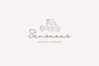 Uzun saçlı, uzun saçlı romantik kadın organik doğal bakım hattı sanat logosu illüstrasyonu. Minimalist moda kadını cilt bakımı zarif reklam amblemi ve metin için yeri olan iş kartı