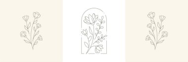 Zarif dekoratif şirin doğal bitki doğrusal logosu. Antika çerçeveli el çizimi pastel kart çizimi vektör çizimi. Romantik monokrom botanik kır çiçeği ikonu bahçıvan dükkanı kartpostalı
