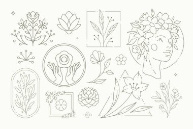 Paskalya ya da Anneler Günü çizimi için dizayn edilmiş doğal çiçek desenli doğrusal logo. Basit çizgili sanat ikonu çiçek bahçesi çıkartması klasik dekor koleksiyonu