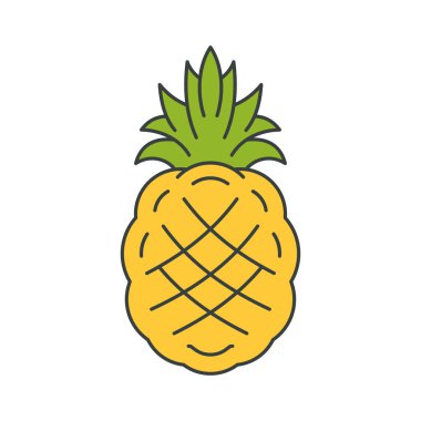 Yeşil yapraklı çizgi roman ananası ve pop art t-shirt 'ü kabuğu harika bir stil vektör çizimi. Egzotik tropikal meyve funky yaz Hawaii sembol tasarımı. Parlak organik vejetaryen bitki