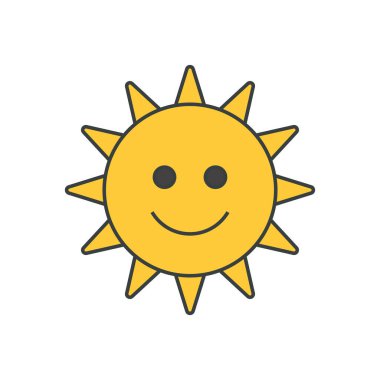 Sevimli, komik, sarı güneş gülümseyen karakter, parlak ışık saçan, sanat eseri, gömlek baskısı, vektör çizimi çizimi. Komik güneşli mutlu yaz sıcağı hava sembolü izole. Garip doğal güneş ışığı