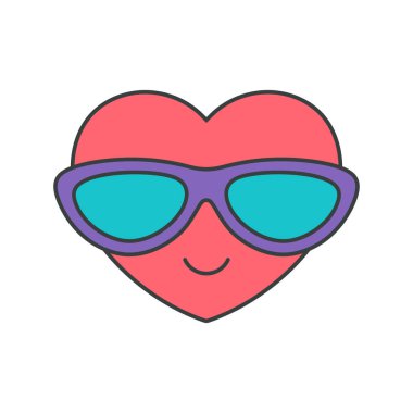 Güneş gözlüklü komik pembe kalp. Sevimli karakter, pop sanatı, moda dekoratif tasarım vektör çizimi. Aşkın gösterişli yaz sembolü. Aşk tutkusunun. Aşk tutkusunun.
