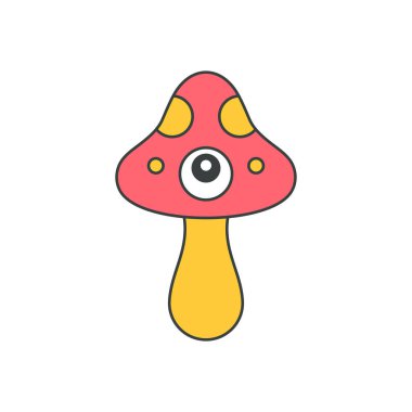 Çizgi roman zehirli mantarı, insan gözü şapkası ve bacak pop sanat harikası dekoratif tasarım vektör çizimi. Doğal amanita saykodelik görme duyusu. Düşünme karakteri. Gömlek izi izole edilmiş.