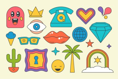 Koleksiyon psikedelik parlak gökkuşağı sanat tarzı grafik elementler tasarım vektör çizimi. Ayarlanmış yaz hippi gözü, telefon, taç, dondurma, güneş gözlüğü, kaktüs tişört baskısı.