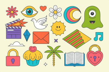 Koleksiyon çizgi roman çıkartmaları modaya uygun stil t-shirt baskısı dekoratif tasarım vektör çizimi çizimi. Yaz hipster çiçeği, kalp, kuş, kek, palmiye ağacı, film klasörü