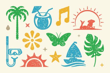 Summer symbols and objects set vector illustration. Lush palm with coconut cocktail and tropical butterfly. Sailboat sailing on waves with mask and snorkel for diving. Vector flat collection clipart