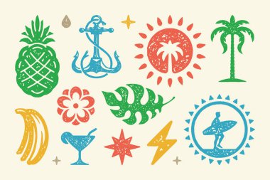 Yaz sembolleri ve nesneler vektör illüstrasyonunu ayarlar. Yaz kokteyli ve çiçek açmış olgun ananas. Yıldırım sembolleri ve muzlu yıldızlar. Sörfçü adamla yazdır. Vektör düzlüğü