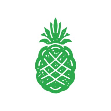 El çizimi süslemeli ananas kabuğu ve yeşil grunge desen vektör çizimi bırakır. Minimalist logotip egzotik taze olgun meyve monokrom sembolü yaz tatili tropikal tatil izole