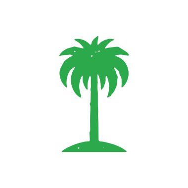 Adanın minimalist ambleminin üzerine dekoratif el çizimi palmiyesi yaz tatili grunge doku tasarımı illüstrasyonu. Yaprakları ve düz gövdesi olan doğal tropikal hindistan cevizi ağacı.