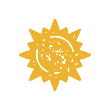 Parlayan ışınlarla dekoratif sarı güneş geleneksel yaz tatili logosu elle çizilmiş grunge desen vektör çizimi. Güzel güneşli gökyüzü nesne ısı sıcaklığı izole