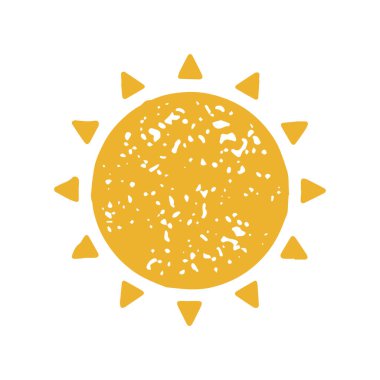 Üçgen kirişli sevimli sarı dekoratif yuvarlak güneş el çizimi minimalist tasarım grunge desen vektör çizimi. Parlak doğal güneşli ısı elementi tropikal hava sıcak iklim sembolü