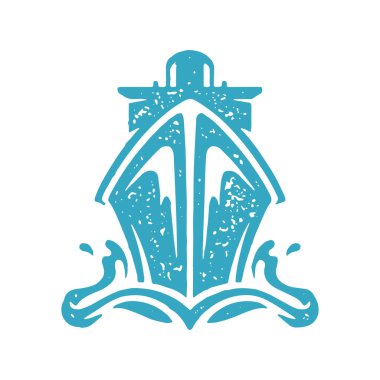 El çizimi yolcu gemisi kargo gemisi deniz dalgaları üzerinde yüzüyor mavi grunge desen vektör çizimi. Minimalist büyük su taşımacılığı lojistik yön yolculuğu için