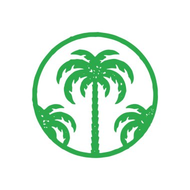 Çember çerçeveli doğal palmiye ağaçları sahil tatil beldesi logoti el çizimi grunge doku vektör çizimi. Yaz tatili dekoratif tasarımı için yeşil tropikal sınır amblemi