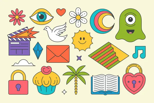 Koleksiyon çizgi roman çıkartmaları modaya uygun stil t-shirt baskısı dekoratif tasarım vektör çizimi çizimi. Yaz hipster çiçeği, kalp, kuş, kek, palmiye ağacı, film klasörü