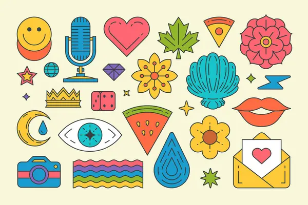 Koleksiyon yaz çok renkli pop sanat çıkartmaları vektör çizim çizimleri. Çizgili retro mikrofon, gökkuşağı bayrağı, taç, kalp, göz, karpuz, çiçek, dudaklar, küp, mücevher, elmas tişört baskısı