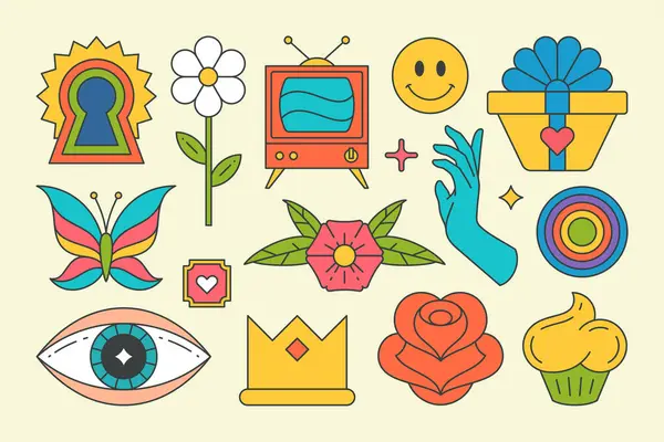 Koleksiyon parlak, yaz grafikli pop sanat harikası elementler tasarım vektör karikatürü çizimi. Çok renkli çıkartmalar eski TV seti, psikedelik anahtar deliği, kelebek, komik göz, el