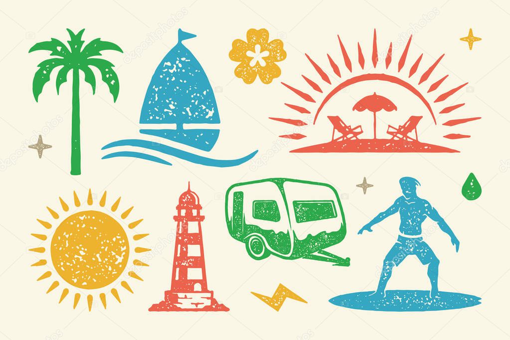 Summer symbols and objects set vector illustration. Coastal lighthouse with camping trailer and bright sunshine. Surfer on board and beach with sun loungers and umbrella. Vector flat illustration