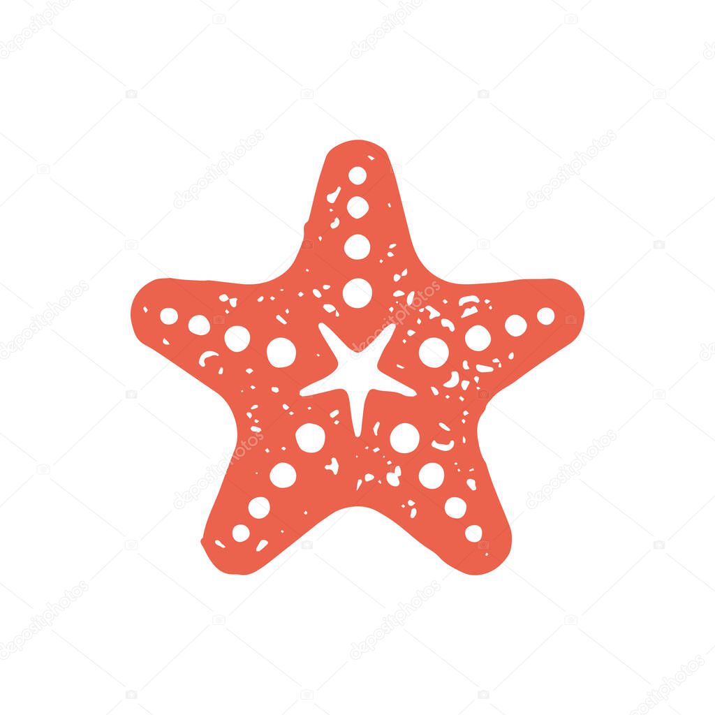 Red hand drawn ornamental five pointed starfish minimalist logotype sea resort summer travel vacation grunge texture vector illustration. Nautical star underwater mollusk coral aquatic aquarium decor