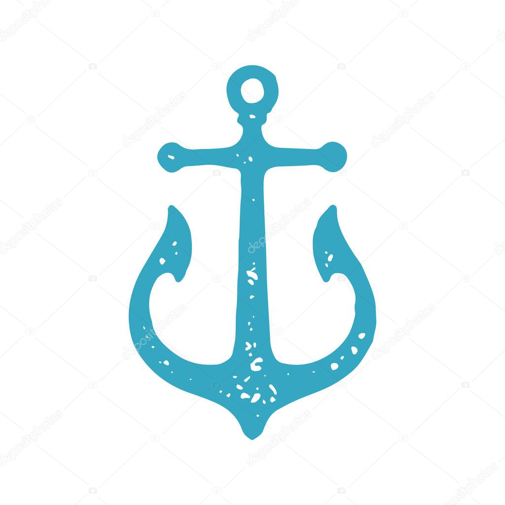 Decorative nautical anchor steel sharp thorn ship equipment with hole for hanging blue grunge texture vector illustration. Classic sea transportation parking navy symbol hand drawn design isolated