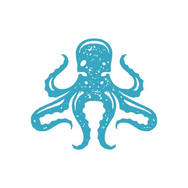 Dokunaçları olan el çizimi ahtapot. Minimalist okyanus yaşamı. Su altı yaratığı logosu mavi grunge doku çizimi. Tek renkli tehlike yumuşakça dekoratif tasarım tropikal tatil yeri akvaryumu habitatı