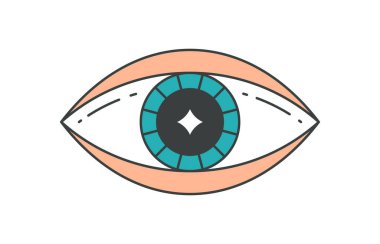 Mavi parlak göz küresi ve göz kapaklarıyla komik insan gözü. Pop Art groovy tarzı tişört baskısı dekoratif tasarım vektör çizimi. Yaratıcı optik görüş uzmanlığı tefekkür araması