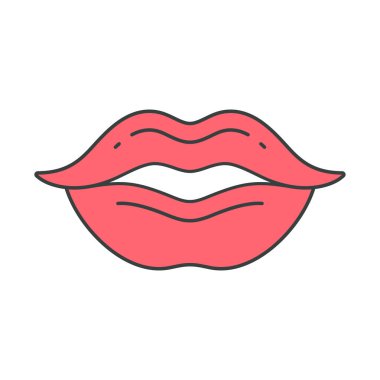 Hoş pembe ruj, kadın dudakları baştan çıkarıcı, pop sanatını baştan çıkaran tişört baskısı, dekoratif tasarım vektör çizimi. Seksi kadın dudakları aşkla dolu romantik bir randevu.