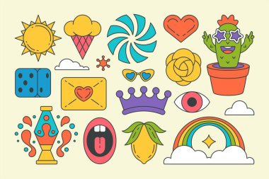Çok renkli pop sanatını, şekillendirilmiş grafik elementleri dekoratif tasarım stiovy sticker vektör çizim çizimini ayarlayın. Koleksiyon psikedelik çığlık ağız, zarf, taç, limon, gökkuşağı, kaktüs karakter