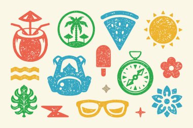 Yaz sembolleri ve nesneler vektör illüstrasyonunu ayarlar. Palmiye ağaçları ve tepe örtüsü olan tropik bir ada. Pusula ve güneş gözlüklü turist çantası. Yıldızlar ve çiçek sembolleri. Vektör daire koleksiyonu