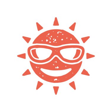 Güneş gözlüklü, gülen kırmızı güneş yaz dekoratif logolar grunge desen vektör çizimi. Gülen neşeli karakter pozitif yüz, parlak ışınlar minimalist amblemle izole edilmiş.