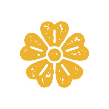 Taç yapraklı güzel sarı çiçek, el çizimi minimalist el grunge desen vektör çizimi. Romantik çiçek açan yaz bahçesi ya da çiçek açan bahar logosu.