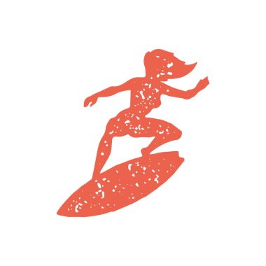 Sörf tahtasında kırmızı elle gezen kadın sörfçü grunge doku vektör illüstrasyonunu çizdi. Ekstrem spor aktivitelerinden hoşlanan profesyonel bayan sporcu. Minimalist logot tipi