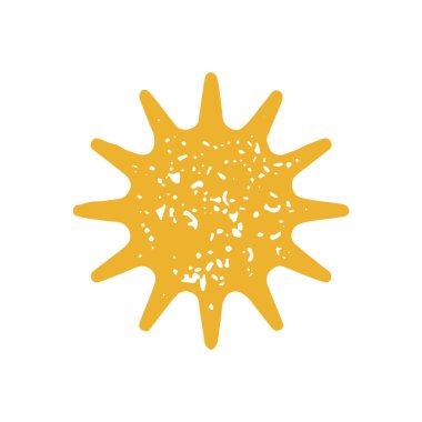 Keskin dikenli, yuvarlak sarı güneş, grunge desen vektör çizimi. Güneş ışığı desenli dairesel ışınlar izole edilmiş. Minimalist basit logotip ısı ışını sabah silueti