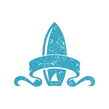 Doku şenliği kurdelesiyle süslenmiş ayakta duran sörf tahtası mavi el grunge desen vektör çizimi. Sörf kampı logosu. Dekoratif tasarım. Beyazlar üzerinde izole edilmiş aşırı spor.