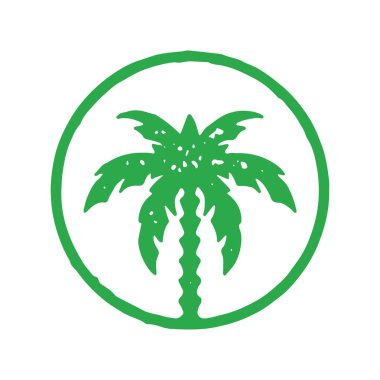 Süslü gövdesi ve bereketli yaprakları olan yeşil palmiye ağaçları. Çember çerçeveli yaz tatili tatil beldesi logosu. Grunge desen vektör çizimi. Sınır amblemi etrafında tropik ahşap fabrikası