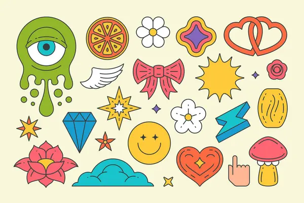 Renkli, modaya uygun pop sanat unsurları, grafik çıkartmaları, gömlek baskısı, vektör çizimi çizimleri ayarlayın. Koleksiyon saykodelik uzaylı, daire şeklinde pizza, papatya çayı, çiçek, elmas, gülen yüz, aydınlatma, kalp