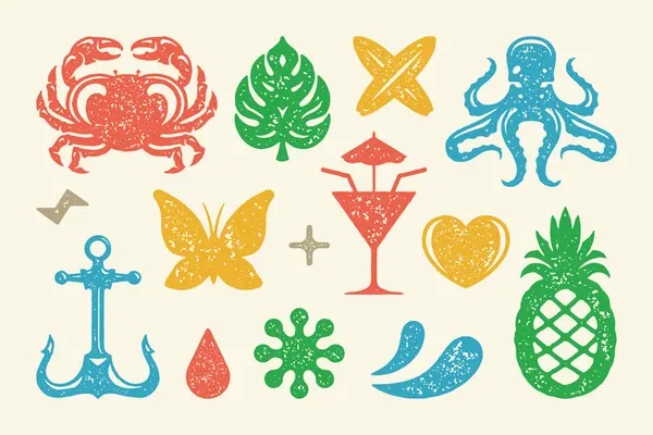 Yaz sembolleri ve nesneler vektör illüstrasyonunu ayarlar. Şemsiyeli ve olgun ananaslı kokteyl. Kelebekli eski gemi çapası ve bir damla meyve suyu. İçinde çapraz sörf tahtası ve kalp olan semboller. Vektör düzlüğü