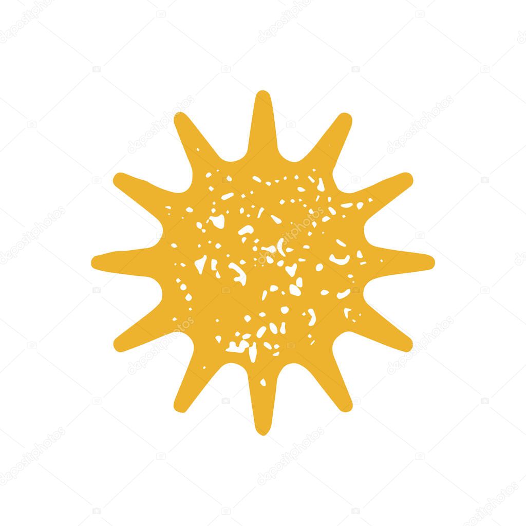 Rounded yellow sun with sharp thorns hand drawn grunge texture vector illustration. Circle solar sunny beams decorative design isolated. Minimalist simple logotype heat ray morning silhouette