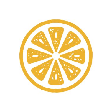 Parlak sarı turunçgil meyve süsleme eli grunge doku logotype vektör çizimi. Yaz mevsimi doğal vitamin limonu, portakal, minimalist logo izole edilmiş. Diyet detoks besin