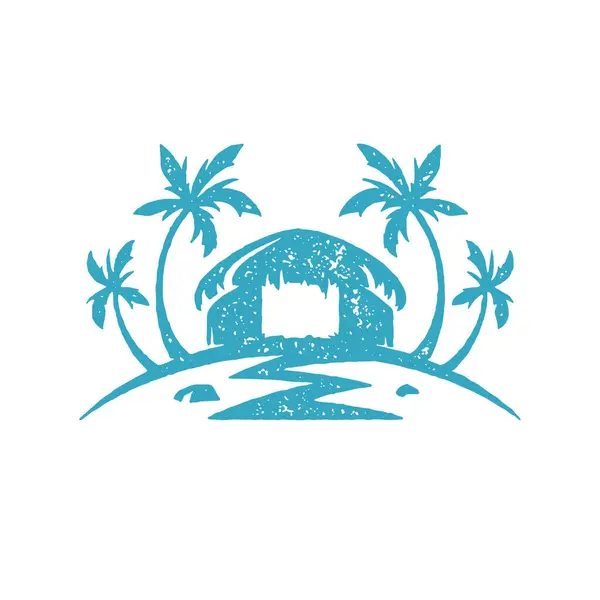 Тропическое Бунгало Острова Природы Окруженное Пальмами Синими Ручными Рисунками Векторной Лицензионные Стоковые Иллюстрации