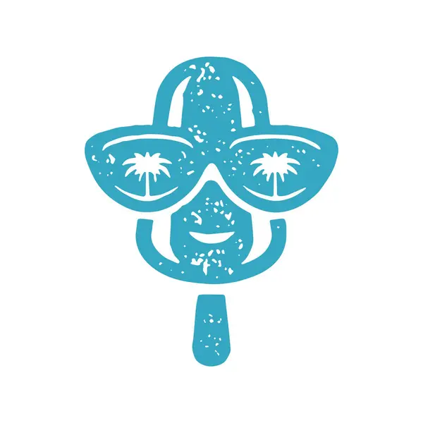 有趣的是 木棍上的冰激凌戴着太阳镜 手执棕榈树倒影 暑假象征着蓝色磨擦纹理矢量图解 微笑霜冻人品清甜甜食 图库矢量图片